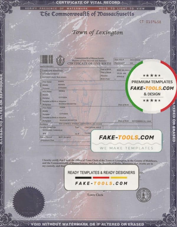USA Massachusetts state birth certificate template in PSD format, fully editable
