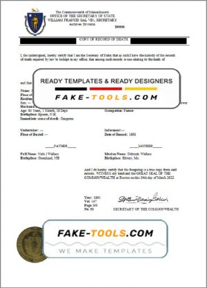 USA Massachussetts Death Certificate statement template in Word and PDF format
