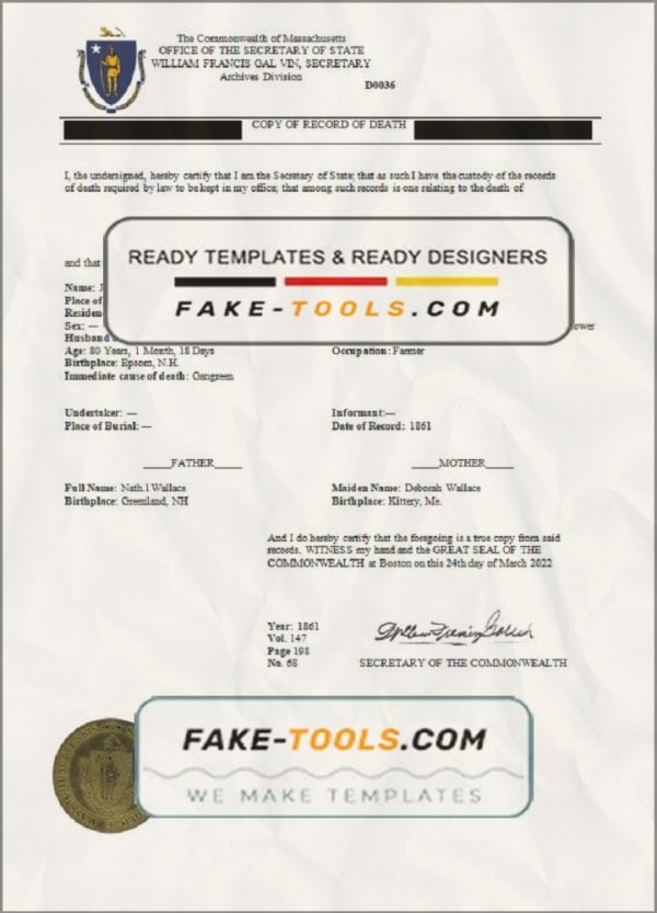USA Massachussetts Death Certificate statement template in Word and PDF format