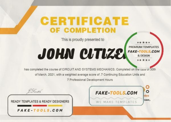 USA Mechanic certificate template in Word and PDF format