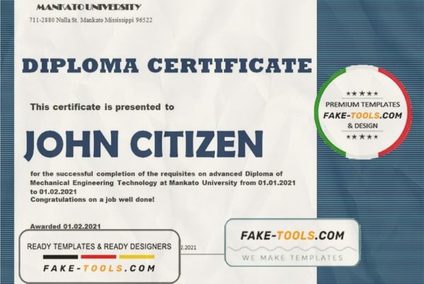 USA Mechanical Diploma certificate template in Word and PDF format