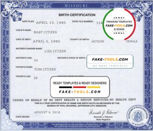 USA Missouri state birth certificate template in PSD format, fully editable