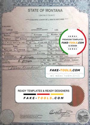 USA Montana state birth certificate template in PSD format, fully editable