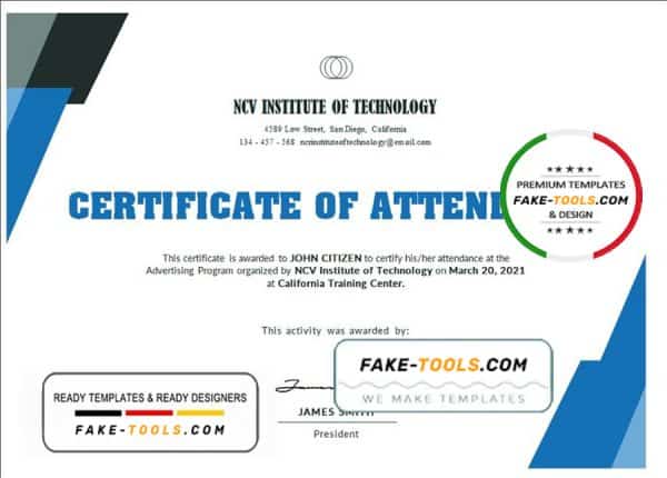 USA NCV Institute of Technology Event Certificate template in Word and PDF format