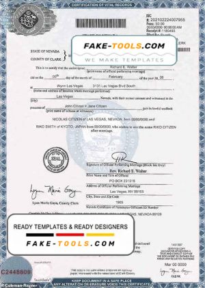 USA Nevada state marriage certificate template in PSD format, fully editable