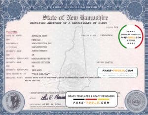 USA New Hampshire state birth certificate template in PSD format, fully editable