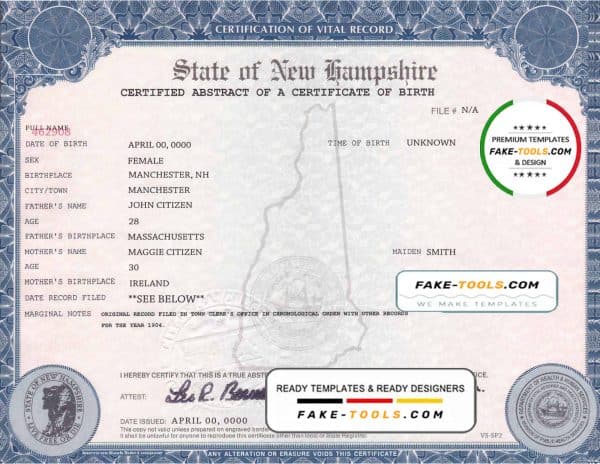 USA New Hampshire state birth certificate template in PSD format, fully editable