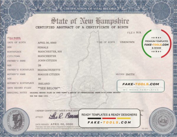 USA New Hampshire state birth certificate template in PSD format, fully editable