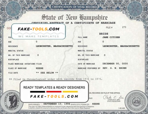USA New Hampshire state marriage certificate template in PSD format, fully editable