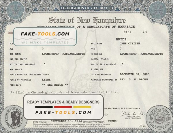 USA New Hampshire state marriage certificate template in PSD format, fully editable