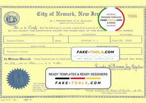 USA New Jersey state birth certificate template in PSD format, fully editable