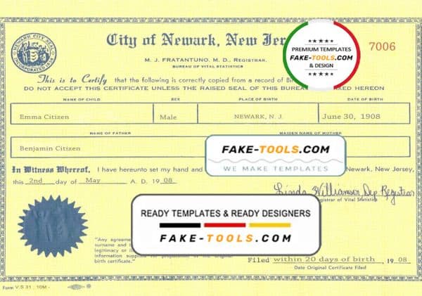 USA New Jersey state birth certificate template in PSD format, fully editable