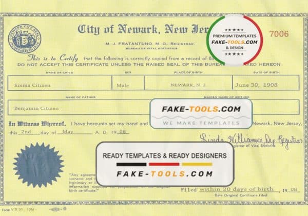 USA New Jersey state birth certificate template in PSD format, fully editable