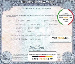 USA New York state birth certificate template in PSD format, fully editable