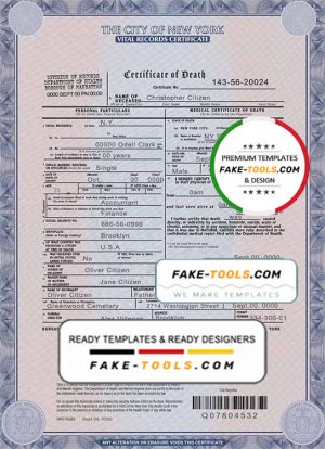 USA New York state death certificate template in PSD format, fully editable