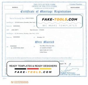 USA New York state marriage certificate template in PSD format, fully editable