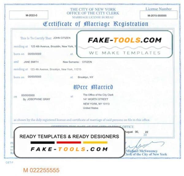 USA New York state marriage certificate template in PSD format, fully editable