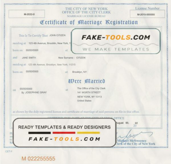 USA New York state marriage certificate template in PSD format, fully editable