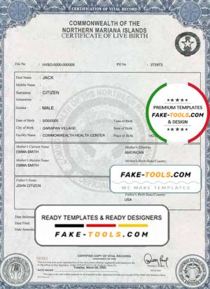 USA Northern Mariana Islands birth certificate template in PSD format, fully editable