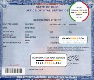 USA Ohio state birth certificate template in PSD format, fully editable