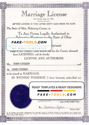 USA Ohio state marriage certificate template in PSD format