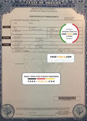 USA Oregon state birth certificate template in PSD format, fully editable