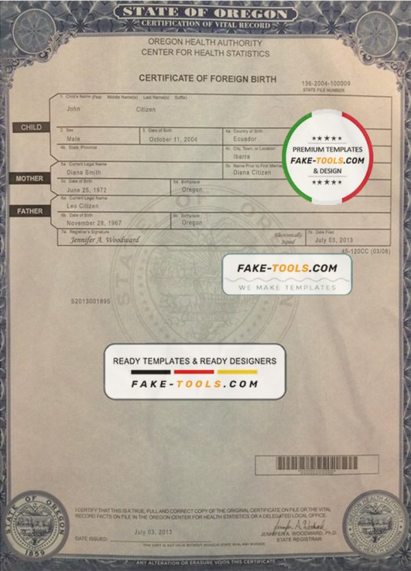 USA Oregon state birth certificate template in PSD format, fully editable