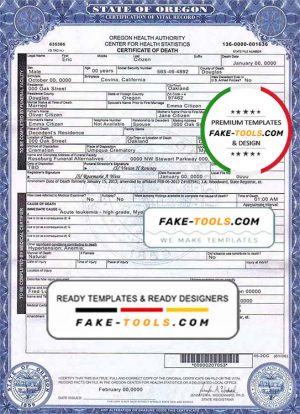 USA Oregon state death certificate template in PSD format