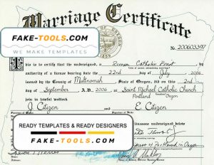 USA Oregon state marriage certificate template in PSD format