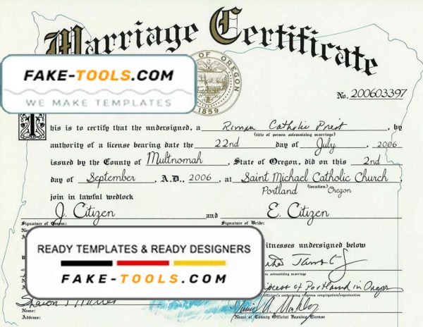 USA Oregon state marriage certificate template in PSD format