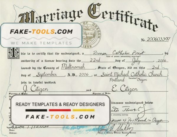 USA Oregon state marriage certificate template in PSD format