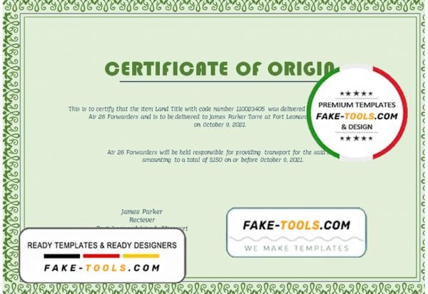USA Origin Certificate template in Word and PDF format
