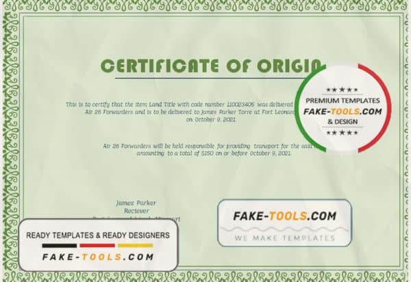 USA Origin Certificate template in Word and PDF format