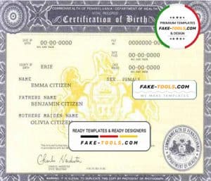 USA Pennsylvania state birth certificate template in PSD format, fully editable
