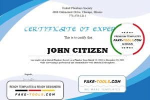 USA Plumbing Experience certificate template in Word and PDF format