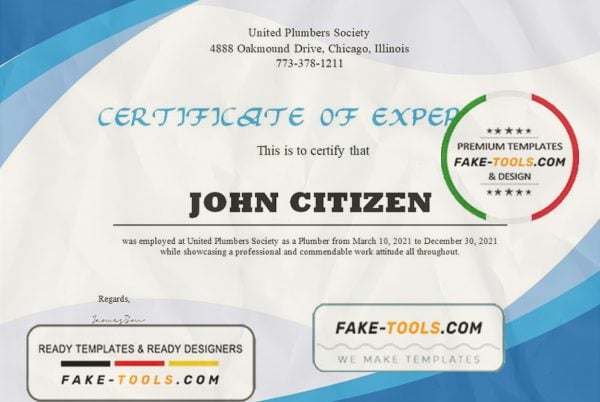 USA Plumbing Experience certificate template in Word and PDF format