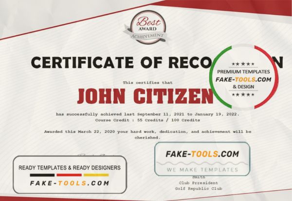 USA Recognition Certificate template in Word and PDF format, version 2