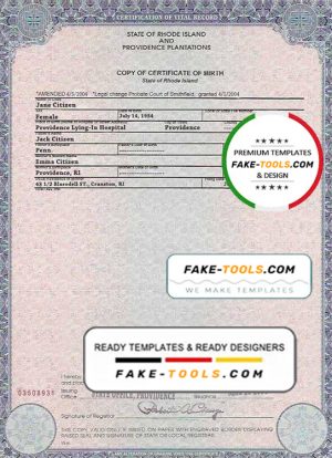 USA Rhode Island state birth certificate template in PSD format, fully editable
