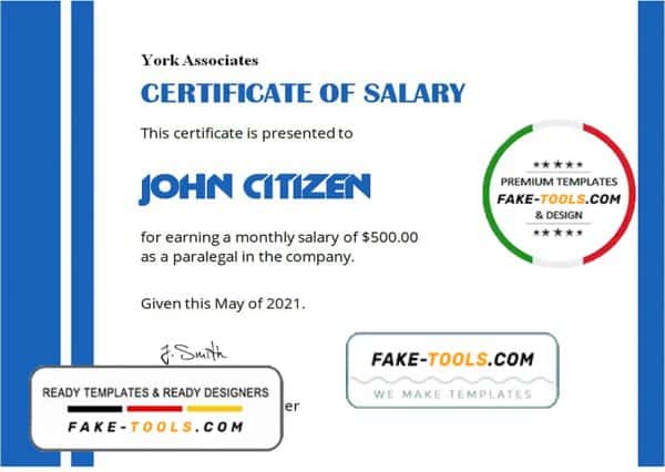 USA Salary certificate template in Word and PDF format