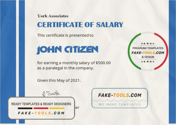 USA Salary certificate template in Word and PDF format