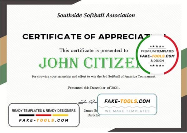 USA Softball certificate template in Word and PDF format
