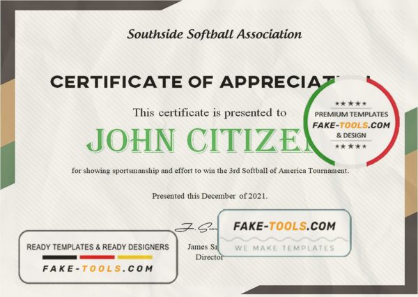 USA Softball certificate template in Word and PDF format