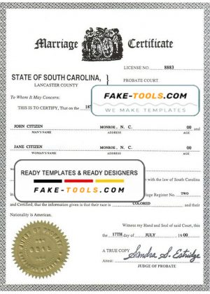 USA South Carolina marriage certificate template in PSD format