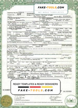 USA South Carolina state death certificate template in PSD format, fully editable