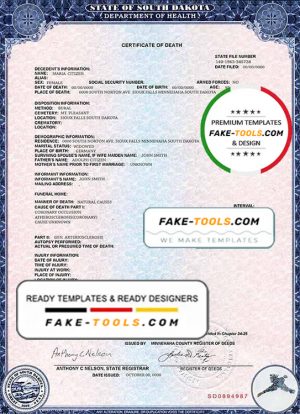 USA South Dakota state death certificate template in PSD format, fully editable