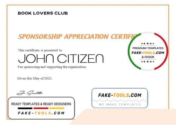 USA Sponsorship Appreciation certificate template in Word and PDF format