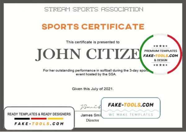 USA Sports certificate template in Word and PDF format