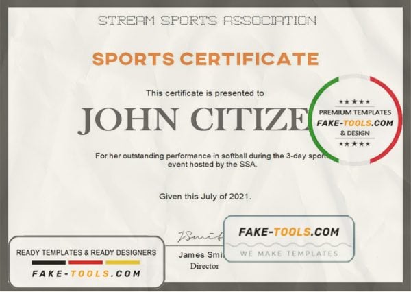 USA Sports certificate template in Word and PDF format