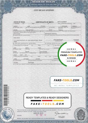 USA Texas state birth certificate template in PSD format, fully editable