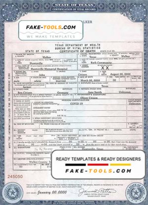 USA Texas state death certificate template in PSD format, fully editable